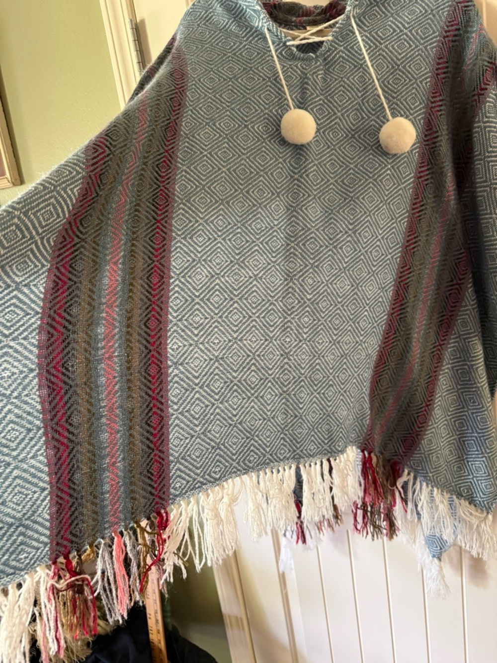 Oscatex Alpaca Knit Hooded Poncho in Light Blue with Multicolor Accents - Picture 4 of 9